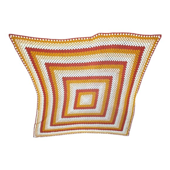 Vintage Square Granny Afghan Throw Blanket Fall Colors Red Orange White Crochet